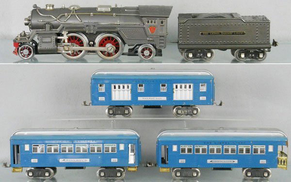 LIONEL TRAIN SET: std ga, 385E loco, 385W tender, 310 baggage, 309 Pullman, 312 obsv, all are restored, 2 cars have flaking paint, C5-7.