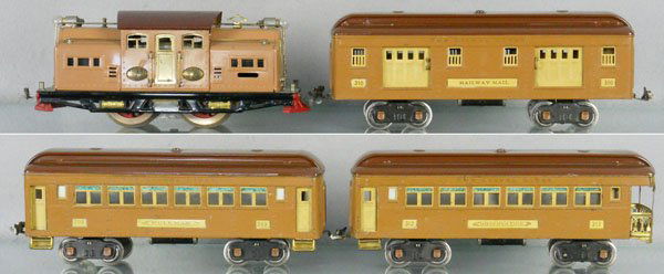 LIONEL TRAIN SET: std ga, 318 loco, missing 2 brass screen inserts, rewheeled, restored, w/310 baggage, 309 Pullman, 312 obsv, car roofs restored, C5-6.
