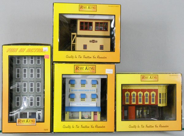 MTH RAIL KING BUILDINGS: O ga, 30-90155 Dentist Office, 30-90035 Building, 30-90062 UP Ticket Office, 30-9031 PRR Switch Tower, orig boxes minor wear, C8-9.