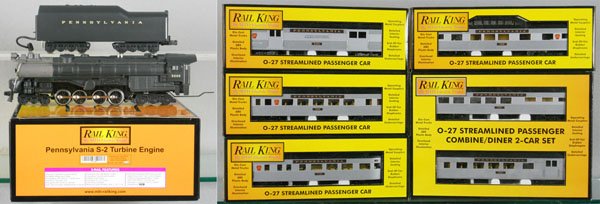 MTH RAIL KING PRR TRAIN SET: O ga, 30-11491 loco & tender, w/smoke, 30-6073 combine/diner set, 30-6070S 4-car set, orig boxes, C8-9.
