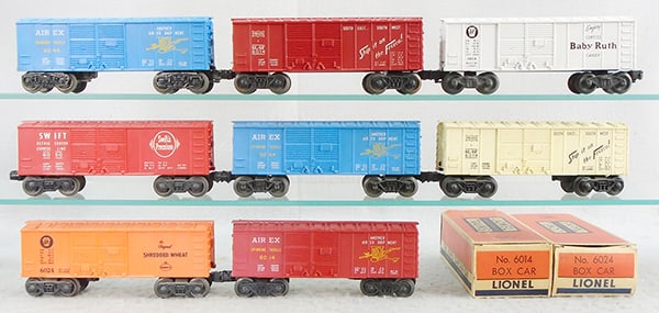 8 LIONEL BOX CARS: O ga, 2 #6044 Airex, blue, 6050 Swift, red, 6024 Shredded Wheat, orange, 6014 Frisco, red, 6014 Airex, red, 6014 PRR, white, 6014 Frisco, white, 2 orig boxes only, minor wear, C7-9.