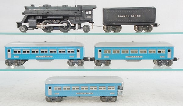 LIONEL TRAIN SET: 1684 die cast loco, 1689T tender, 2 #1630 Pullmans, 1631 obsv, cars are blue w/gray trim, C6-8.