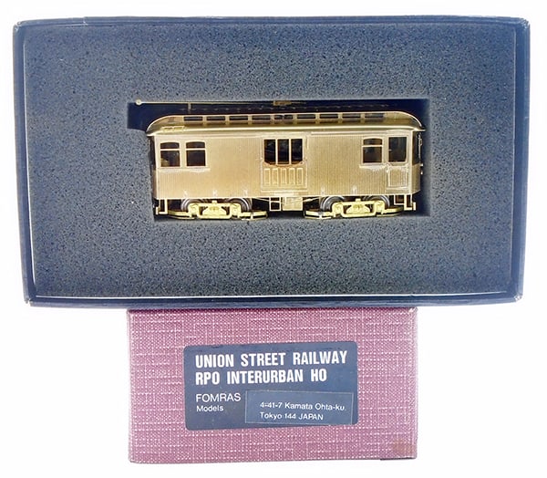 FOMRAS UNION STREET RPO TROLLEY: HO ga, brass, powered, made in Japan, 4 in long, w/trolley pole, orig box & inserts, C9.