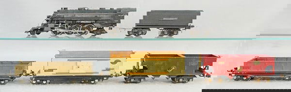 LIONEL TRAIN SET: O ga, 1666 loco, paint worn on 1 side airtank, 2689W tender, 812 gondola, 814 box car, 816 hopper, C6.