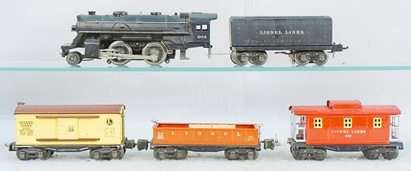 LIONEL 7100W TRAIN SET: O ga, 204 loco, missing rear truck, 2689WX tender, 2655 box car, missing 1 brakewheel, 652 gondola, 657 caboose, C5-6.