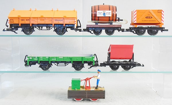 LGB TRAIN LOT: G ga, 2001 handcar, w/4043, 4044, 4010, 4011, 4017 freight cars, orig boxes & inserts minor wear, C8-9.
