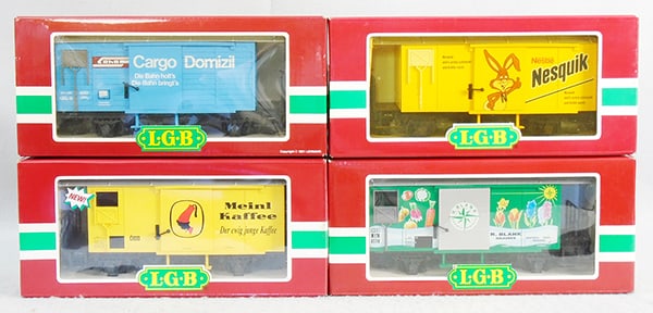 4 LGB FREIGHT CARS: G ga, 45280, 44280, 4127, 4128, orig boxes & inserts, C8-9.