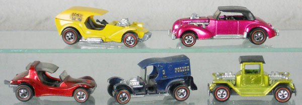 5 HOT WHEELS REDLINE VEHICLES: Ice T, Cord, Sandcrab, Paddy Wagon, T-4-2, orig issues, C7-8.