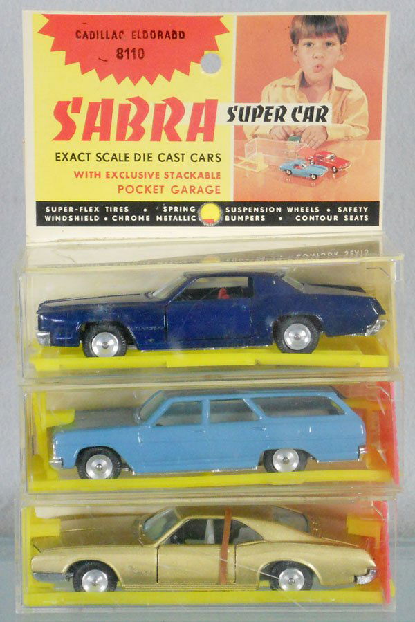 3 SABRA AUTOS: die cast, 8110 Cadillac, 8100 Chevelle Wagon, 8108 Buick Riviera, orig boxes minor wear, C8-9.