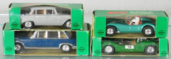 4 GAMA AUTOS: die cast, 9350 Mercedes Benz, 9610 Ferrari, 972 Mercedes Benz, 9603 Ford GT, orig boxes minor wear, C8-9.