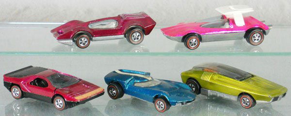 5 HOT WHEELS REDLINE VEHICLES: Swinging Wing, Whip Creamer, Turbo Fire, Carabo, Bug Eye, orig issues, C6-8.