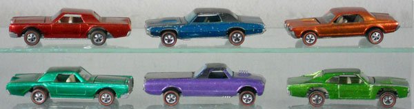 6 HOT WHEELS REDLINE VEHICLES: 2 Continentals, T-Bird, Cougar, Fleetside, Charger, orig issues, C6-7.