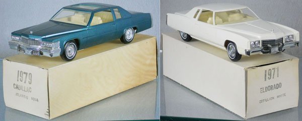 2 JOHAN CADILLAC PROMOS: plastic, 1979 blue, 1971 white, orig boxes minor wear, C8-9.