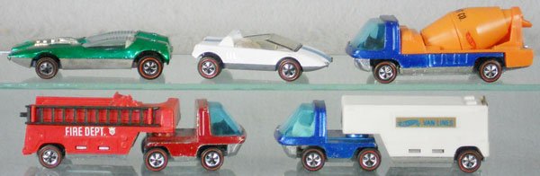 5 HOT WHEELS REDLINE VEHICLES: Splittin Image, Jack Rabbit, Cement Truck, Fire Truck, Van Truck, orig issues, C5-7.