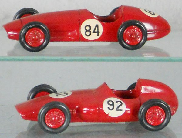 2 MERCURY RACE CARS: die cast, both red, 52 Maserati, 53 Ferrari Super Squalo, minor decal chips, C8.