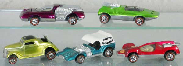 5 HOT WHEELS REDLINE VEHICLES: Mantis, 36 Ford, Mutt Mobile, Peeping Bomb, Noodlehead, orig issues, C6-8.