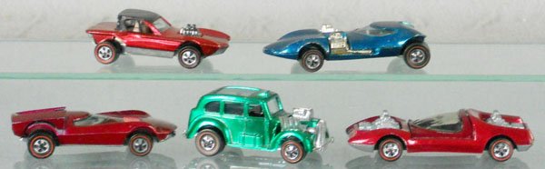 5 HOT WHEELS REDLINE VEHICLES: Python, Twinmill, Turbo Fire, Cockney Cab, Mod Squad, orig issues, C6-8.