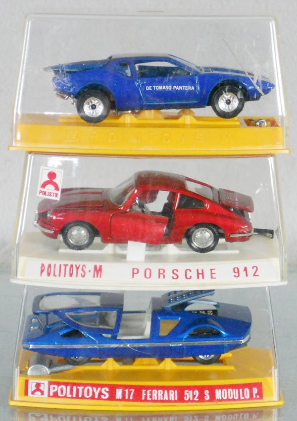 3 POLITOY VEHICLES: die cast, M19 Pantera, N527 Porsche 912, M17 Ferrari Modulo, orig plastic boxes, boxes have cracks, C8-9.