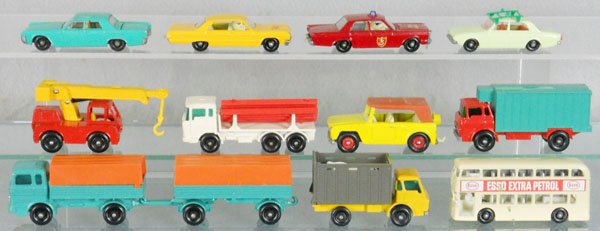 12 MATCHBOX VEHICLES: 31C2, 20C3, 59C1, 45B2, missing boat, 42C1, 58C1, 18E3, 44C1, 1E1, 2D1, 37C2, 74B2, C5-8.
