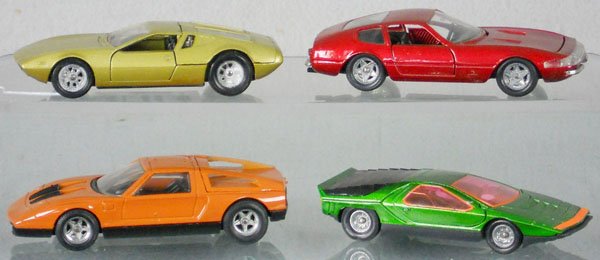 4 SOLIDO AUTOS: 166 Mangusta, 165 Ferrari, 180 Mercedes, 172 Carabo, C7.