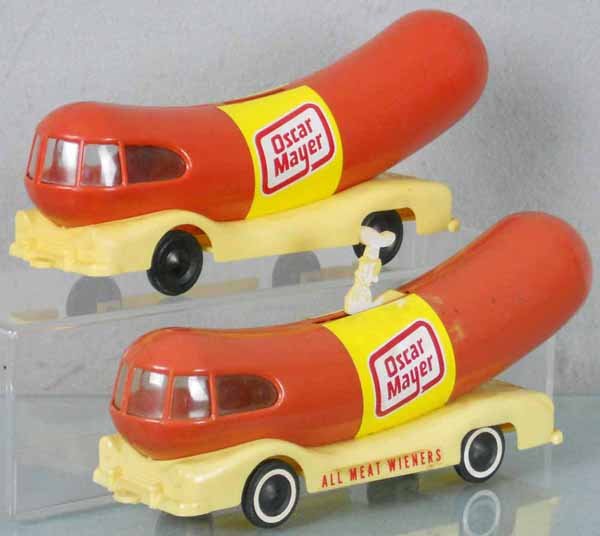 2 PMC OSCAR MEYER WEINERMOBILES: plastic, 1 has moving chef, other is a bank, C5-8.