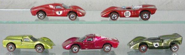 5 HOT WHEELS REDLINE VEHICLES: 2 Ford Mark IV's, Ferrari, McLaren, Ford J Car, orig issues, stickers worn, C5-6.