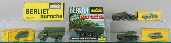 SOLIDO & DINKY MILITARY VEHICLES: Solido 214 Aurochs, Dinky 621 3-ton Army Wagon, FR817 Char AMX Tank, base dented, FR80A Panhard Tank, orig boxes worn, C8-9.