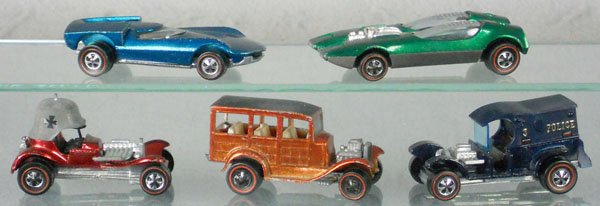5 HOT WHEELS REDLINE VEHICLES: Splittin Image, Turbo Fire, Red Baron, Woody Wagon, Paddy Wagon, orig issues, C6-7.
