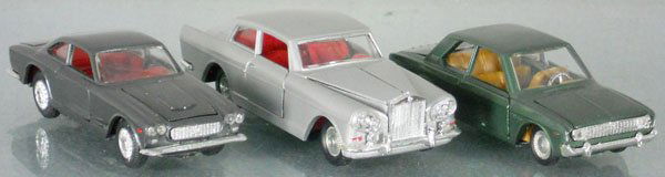 3 POLITOYS AUTOS: die cast, M501 Maserati, M518 Rolls Royce, M519 Taunus, C7-8.