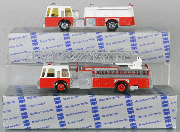 2 CONRAD FIRE TRUCKS: die cast, 5508 Pumper, 5506 Aerial Ladder Truck, orig boxes & inserts minor wear, C8-9.