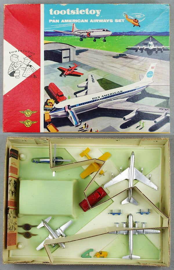 TOOTSIETOY 4310 PAN AMERICAN AIRWAYS SET: contains Boeing 707, Sikorsky Helicopter, Convair, Boeing Stratocruiser, Beechcraft Bonanza w/4 piece luggage unloading set, 2 Pilot Pins, advertising sheet, plastic base intact, orig box & insert min