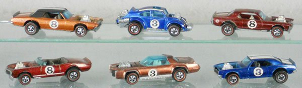 6 HOT WHEELS REDLINE VEHICLES: TNT Bird, Evil Wevil, Heavy Chevy, Light My Firebird, Sugar Caddy, Nitty Gritty Kitty, orig issues, C5-7.