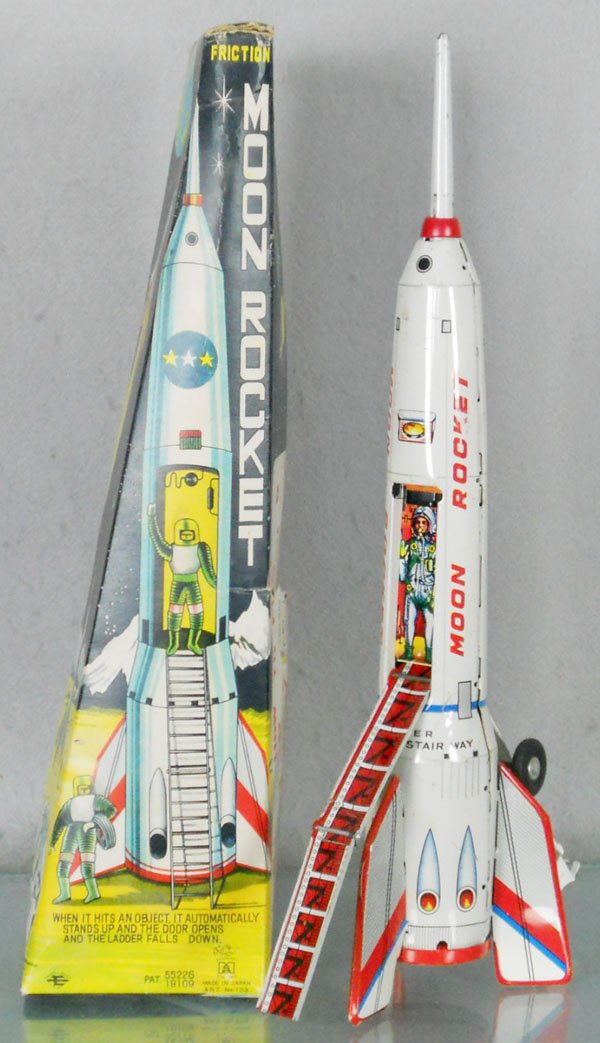 MASUYA MOON ROCKET: litho tin, friction working, 15 1/2" tall, orig box minor wear, C6.