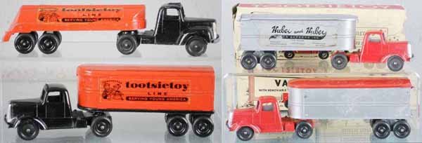 4 TOOTSIETOY MACK TRUCKS: Tootsietoy Line Tank & Van Trucks, Huber & Huber, Libby's Truck, labels loose, 2 orig boxes only, boxes worn, C5-6.