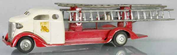 TURNER FIRE LADDER TRUCK: painted pressed steel, decals worn, 22" long, C5.