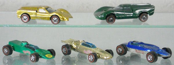 5 HOT WHEELS REDLINE VEHICLES: Ford J Car, Lola GT 70, Lotus Turbine, Indy Eagle, Shelby Turbine, orig issues, C6-7.