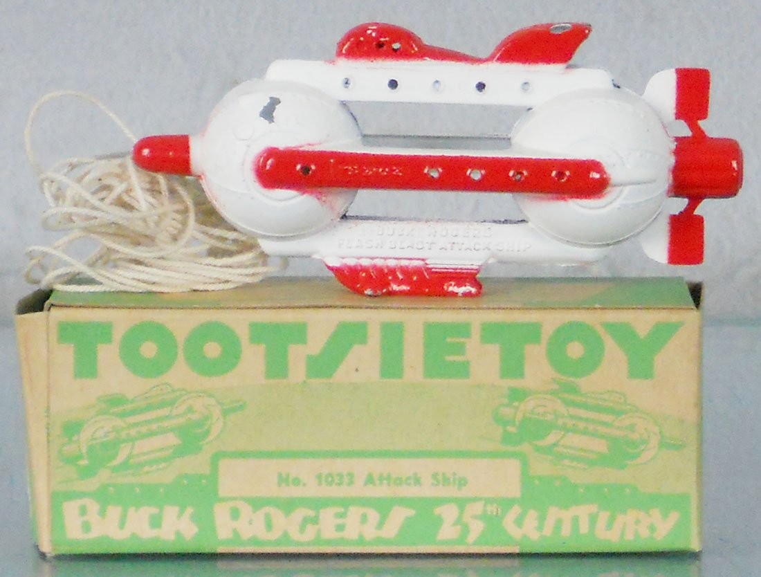 TOOTSIETOY 1033 ATTACK SHIP: die cast, red & white, orig box minor wear, C6-7.