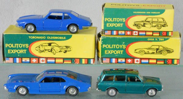 3 POLITOYS EXPORT AUTOS: die cast, 567 Oldsmobile Toronado, 550 Ghia, 542 Volkswagen, orig boxes worn, C8.