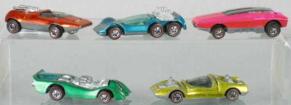 4 HOT WHEELS REDLINE VEHICLES: Peeping Bomb, Six Shooter, Whip Creamer, missing gear, Mod Quad, Jet Threat, orig issues, C6-8.