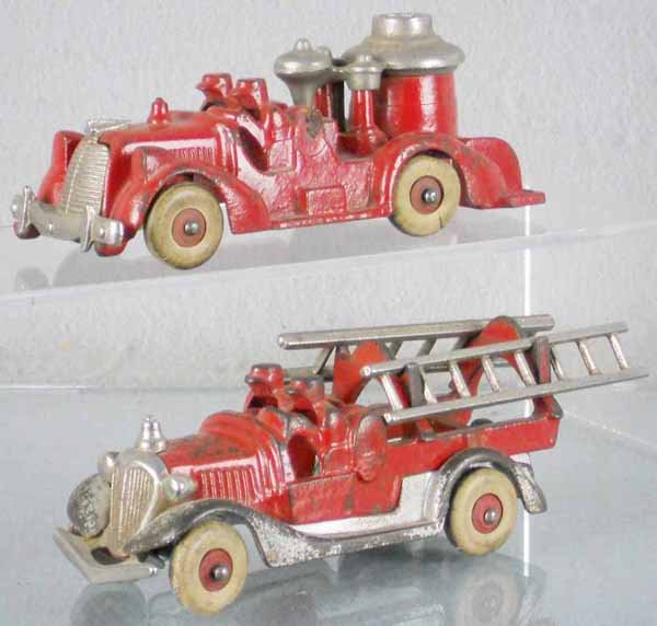 2 HUBLEY FIRE TRUCKS: painted cast iron, Pumper, 6 1/2" long, Ladder Truck, 6" long, both have nickel grilles & trim, C5.