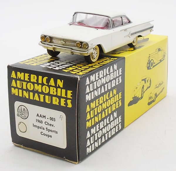 AMERICAN AUTOMOBILE MINIATURES 1960 CHEVROLET: white metal, #3 1960 Chevrolet Impala, white, trim in bag, orig box & insert, C9.