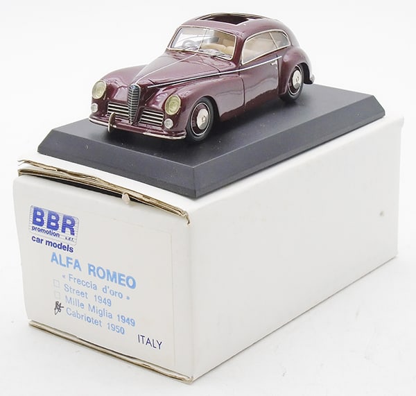 BBR PROMOTION MODELS 1950 ALFA ROMEO: resin, 1950 Alfa Romeo Freccia d'Oro Cabriolet, maroon, on base, 1 bumperette in bag, both side windows are bowed out, orig box, C9.