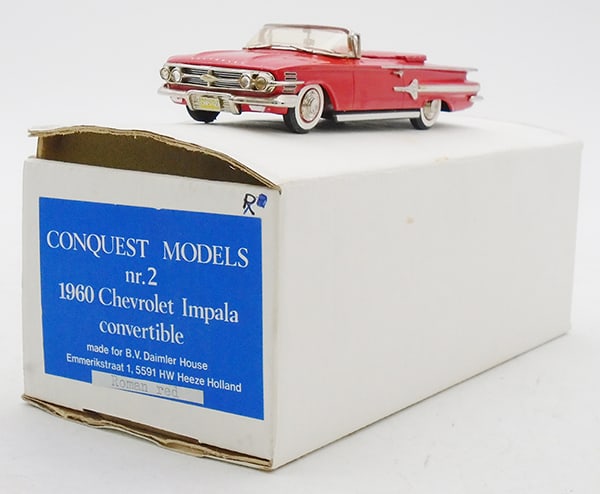 CONQUEST MODELS #2 1960 CHEVY IMPALA: white metal, Roman red, trim in bag, orig box & insert minor wear, C9.