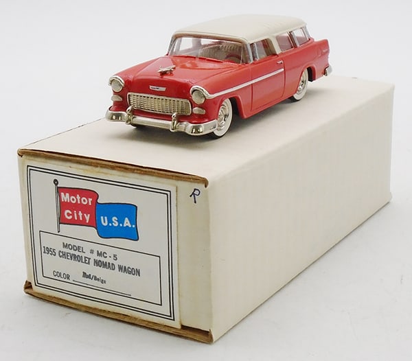 MOTOR CITY #5 1955 CHEVROLET NOMAD: white metal, white & orange, orig box & insert, C9.