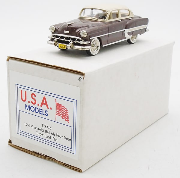 USA MODELS #5 1954 CHEVROLET BELAIR: white metal, 4dr, brown & tan, orig box & insert, C9.