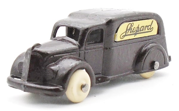 TOOTSIETOY 123 SHEPARD DELIVERY VAN: brown w/metal Shepard inserts, some touch up spots, C8.