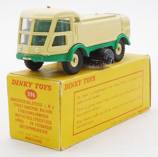 FRENCH DINKY 596 STREET SWEEPING MACHINE: cream & green, orig box minor wear, C8.
