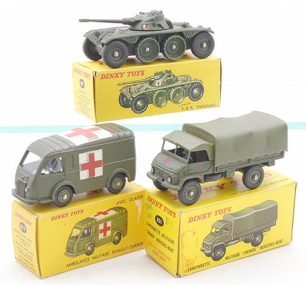 3 FRENCH DINKY VEHICLES: 815 Panhard Armored Car, 80F Military Ambulance, orig box missing 1 flap, 821 Mercedes Unimog, orig boxes minor wear, C9.