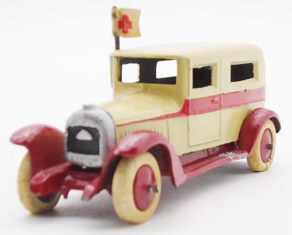 C.D. DELAHAYE AMBULANCE: die cast, cream & red, Delahaye cast on black doors, rubber tires worn, made in France, ca 1930s, old restoration, C8.