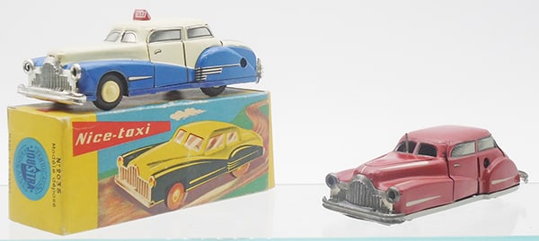 2 JOUSTRA AUTOS: litho tin, made in France, 2035 Taxi, 6", windup working, orig box minor wear, 2002 Auto, opening doors & hood, windup, working, 5 1/2", C8-9.